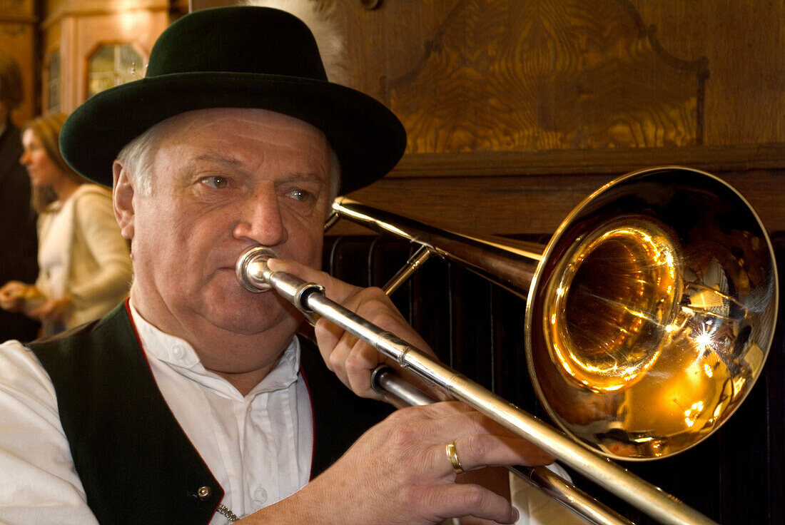 Wind section of the Krinoliner Blaskapelle brass band, Fraunhofer Restaurant, Fraunhofer Street, Munich, Bavaria, Germany