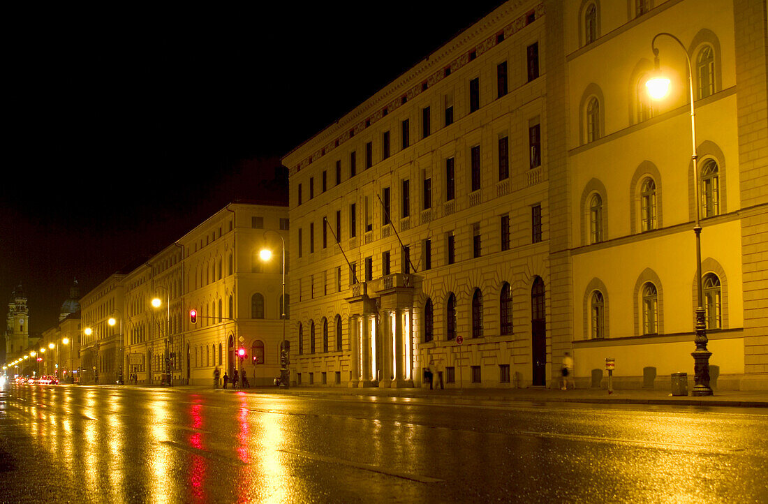 Ludwigstrasse with its classic architecture in the rain, Munich, Bavaria, Germany