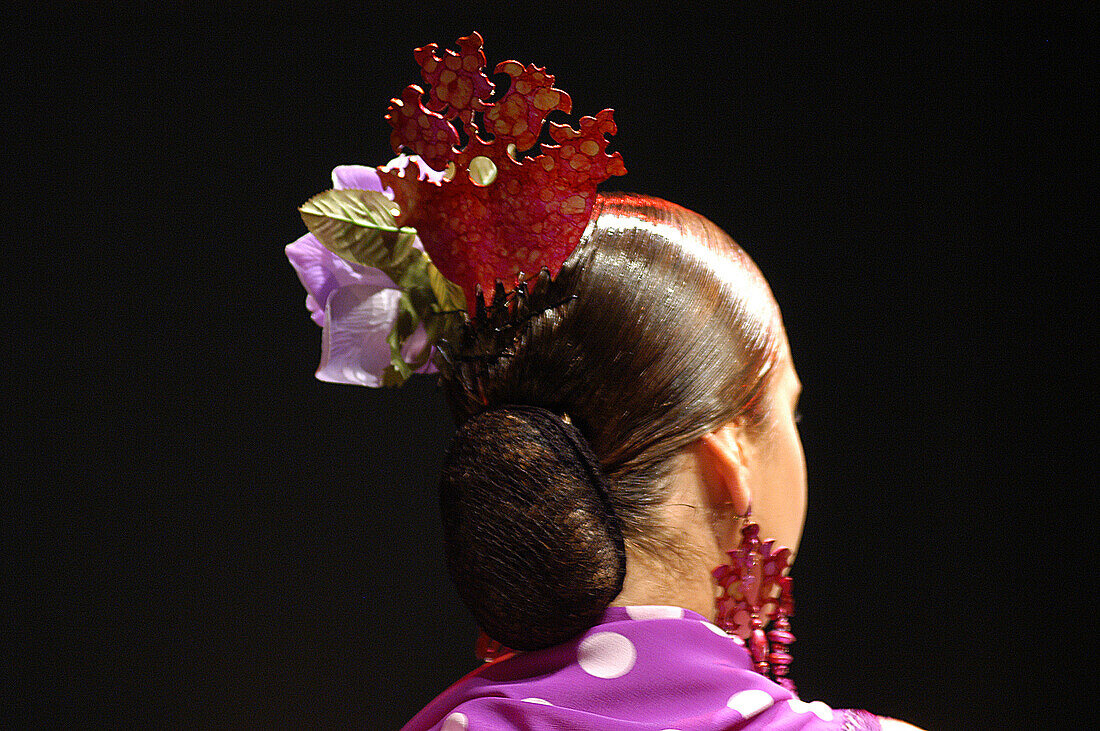 Flamenco Frisur, World Flamenco Fair, Sevilla, Andalusien, Spanien