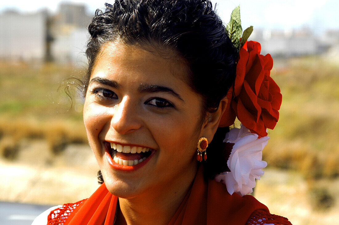 Smiling Flamenco dancer, Seville, Andalusia, Spain