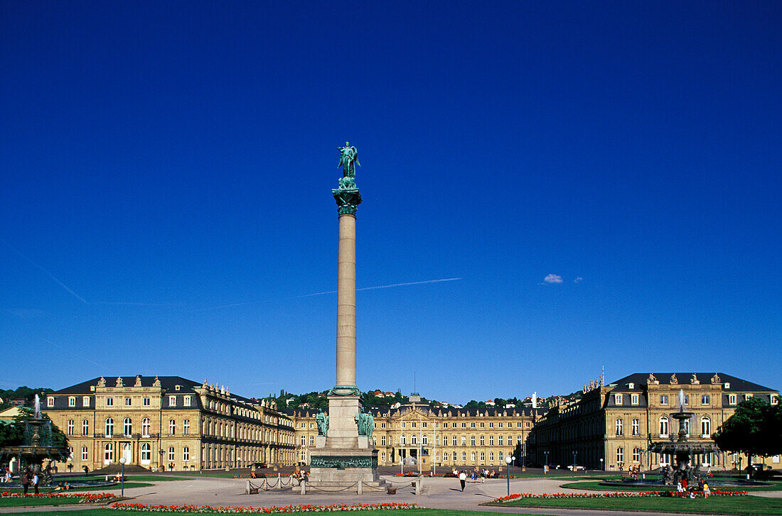 New Castle and column under blue sky, Stuttgart, Baden-Wuerttemberg, Germany, Europe