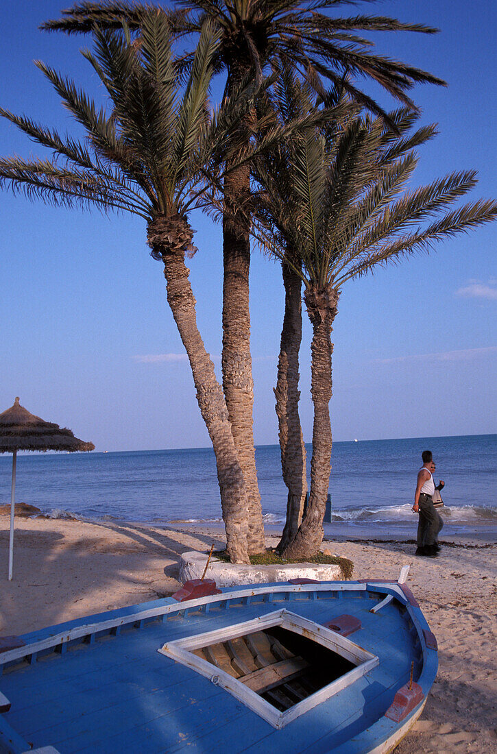 Palmen und Boot am Seguia Strand, Djerba, Tunesien, Afrika