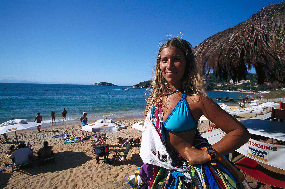 Bikiniverkäuferin, Praia Joào Fernando Rio de Janeiro, Brasilien