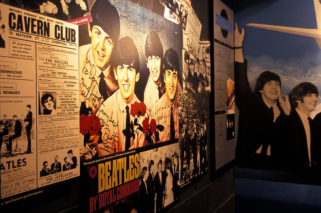 Posters and bills inside the Beatles Museum, Liverpool, England, Great Britain, Europe