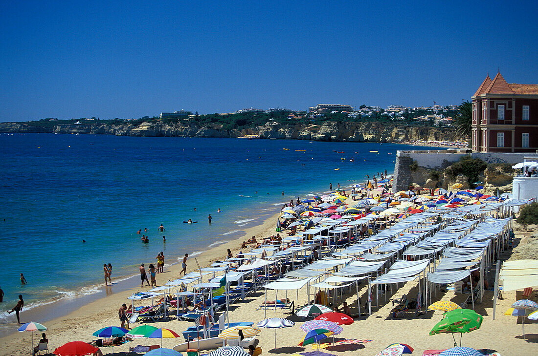 Bathing beach in the sunlight, Quarteira, Algarve, Portugal, Europe