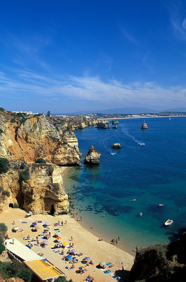 High angle view of beach and coast area, Praio do Camilo, Lagos, Algarve, Portugal, Europe