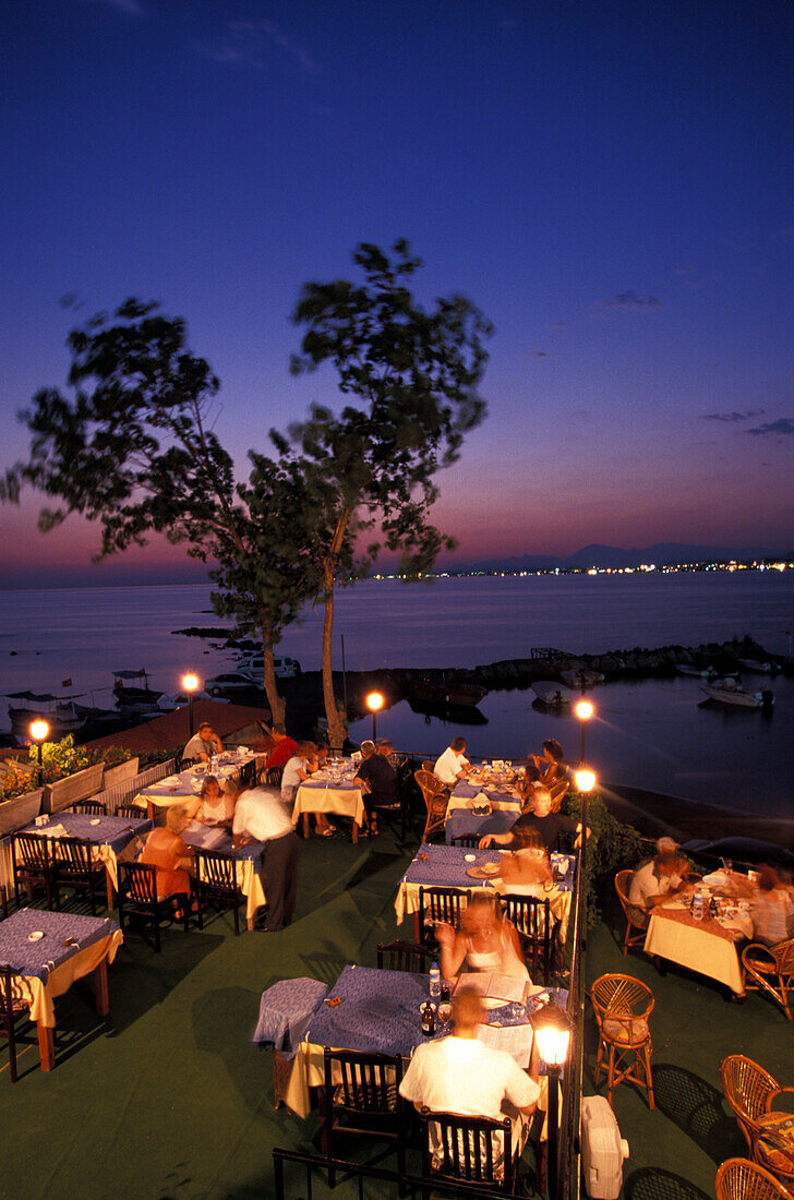 Beach Restaurant in the evening, Side, Turkish Riviera, Turkey