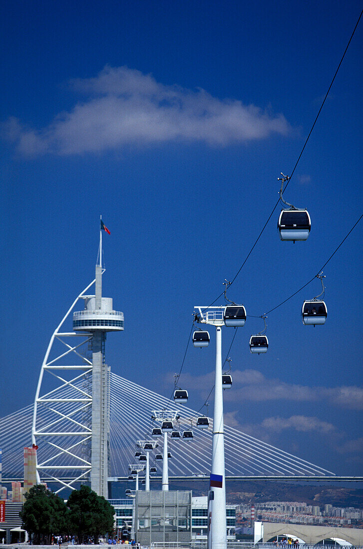 Cable car in front of Vasco da Gama tower, Parque das Nacoes, Lisbon, Portugal, Europe
