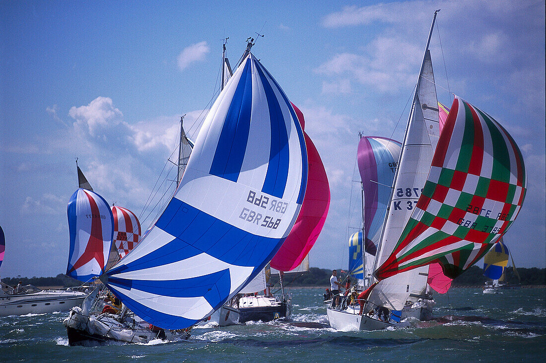 Yachts with Spinakers, Week Regatta, Cowes, Isle of Wight, England, Great Britain
