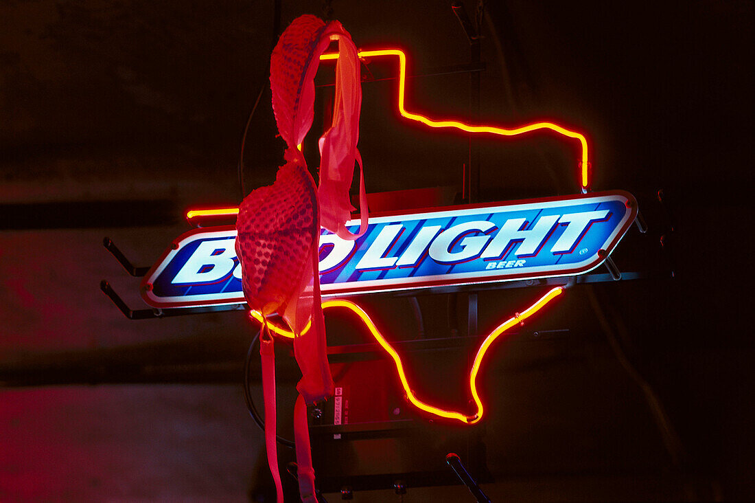 Hanging Bra, Bud Light Sign, Adair' s Bar & Grill, Dallas , Texas USA