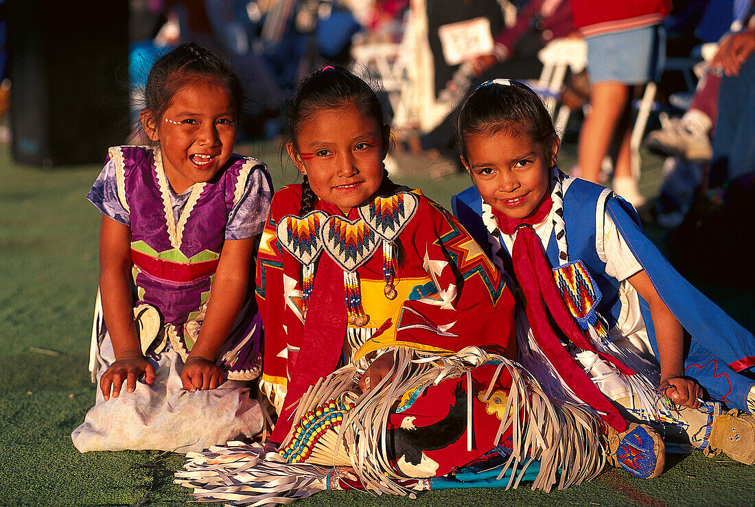 A group of native American girls wearing traditional dress, North American Indian Days, Browning, Montana USA