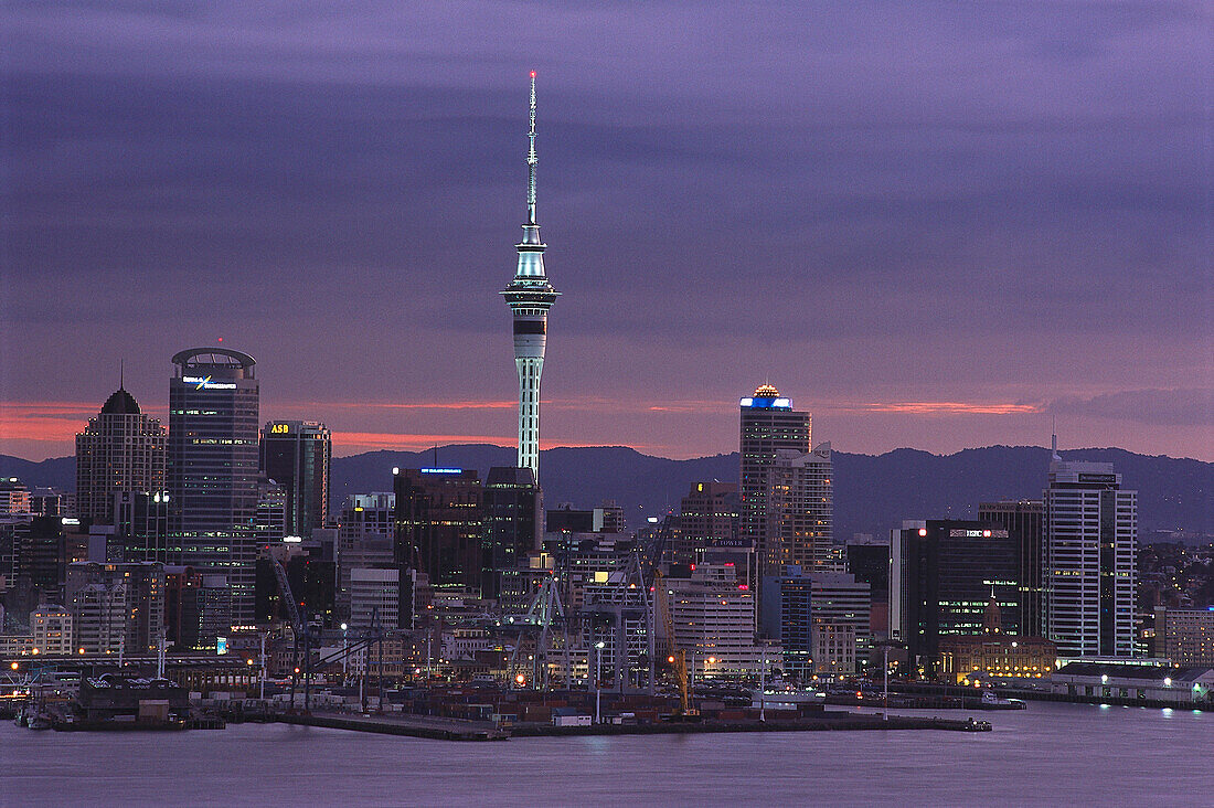Sky Tower & Skyline at dusk, Auckland, New Zealand