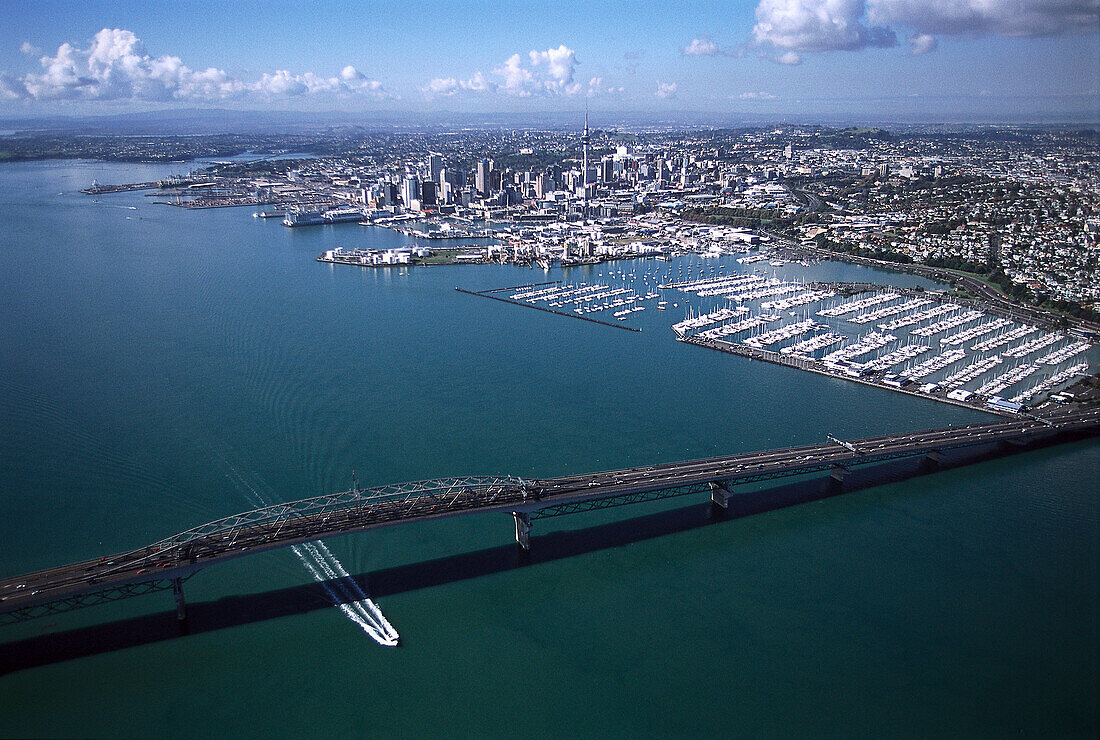 Aerial Photo, Harbour Bridge & Skyline Auckland, New Zealand