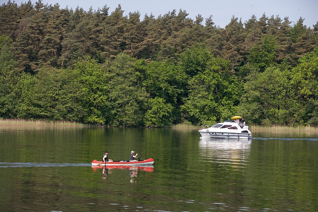 Canoe & Houseboat, Canoe and houseboat, Crown Blue Line Consul Houseboat, Lake Ellbogensee, Mecklenburgian Lake District, Germany