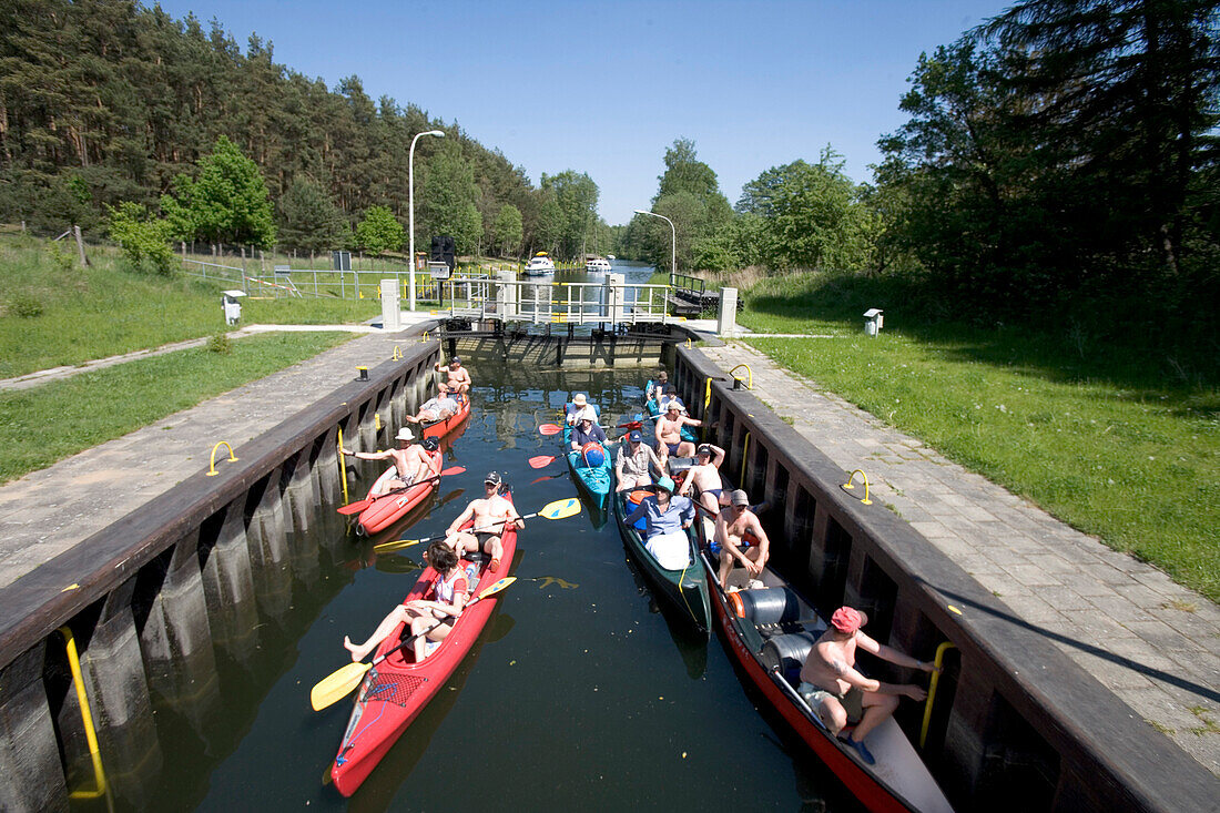 Kayaks in River Lock, Kayaks in river lock, Diemitz Lock, Mecklenburgian Lake District, Germany
