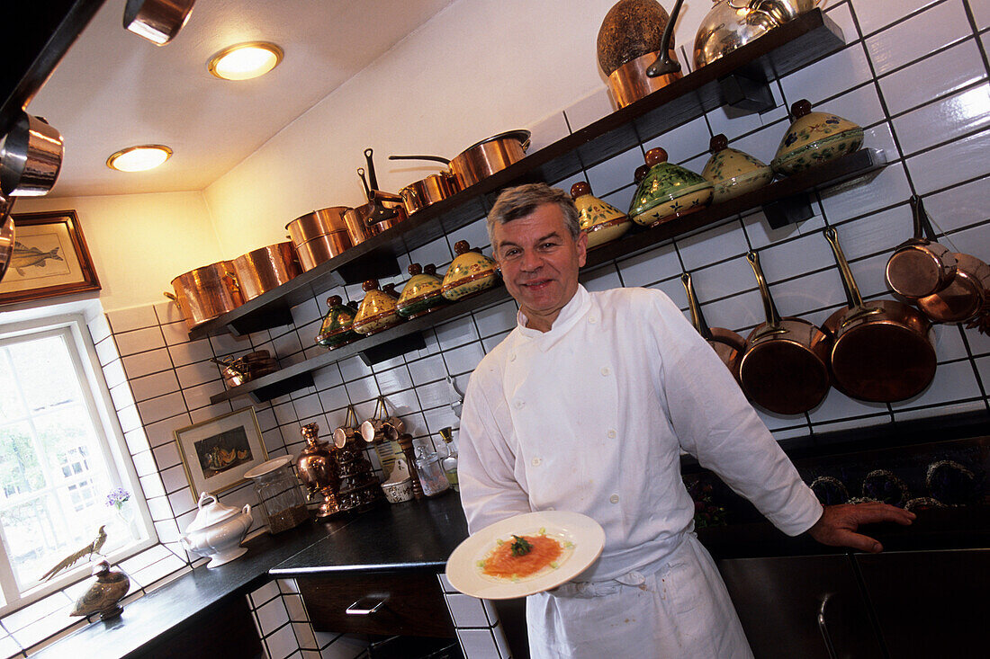 Chef at Falsled Kro, Jean-Louis Lieffroy with Salmon Appetizer, Falsled, Funen, Denmark