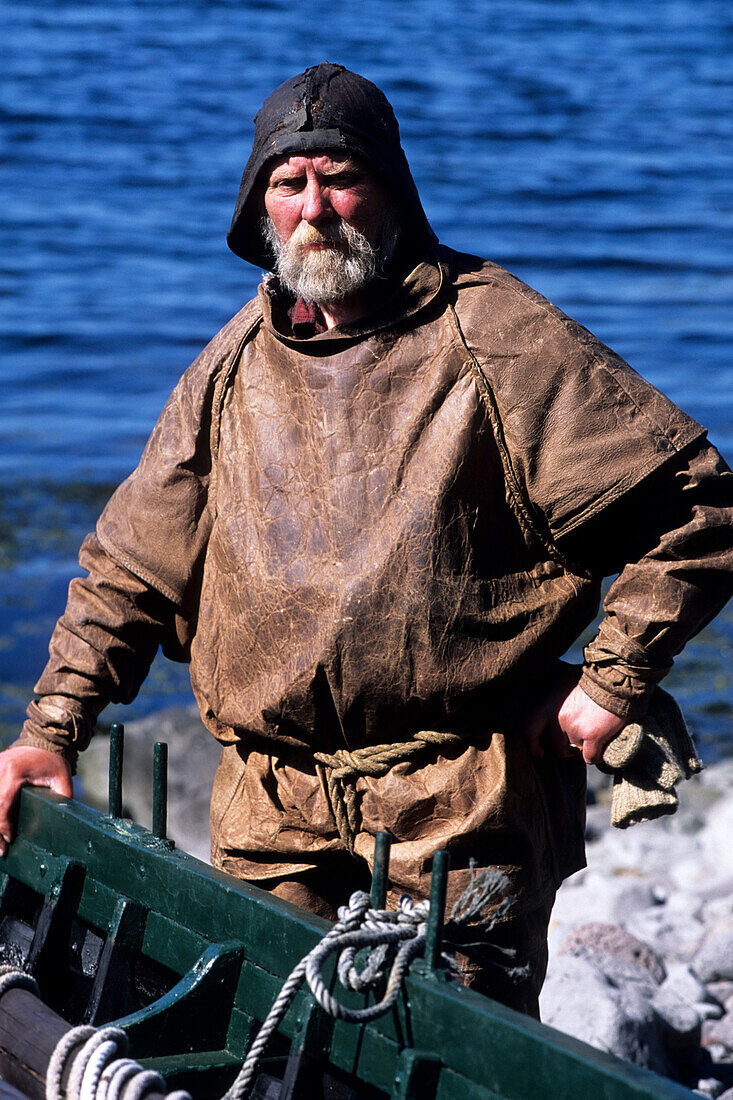 Älterer Mann, Wahlfängerkostüme, die Fischfangstation des 19 Jahrhunderts, Bolungarvik, Island