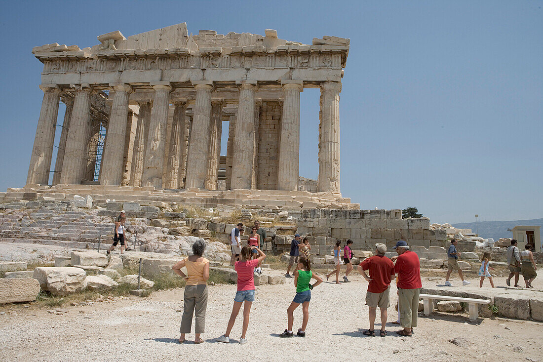 Tourists in front of the Parthenon, Acropolis Athens, Greece