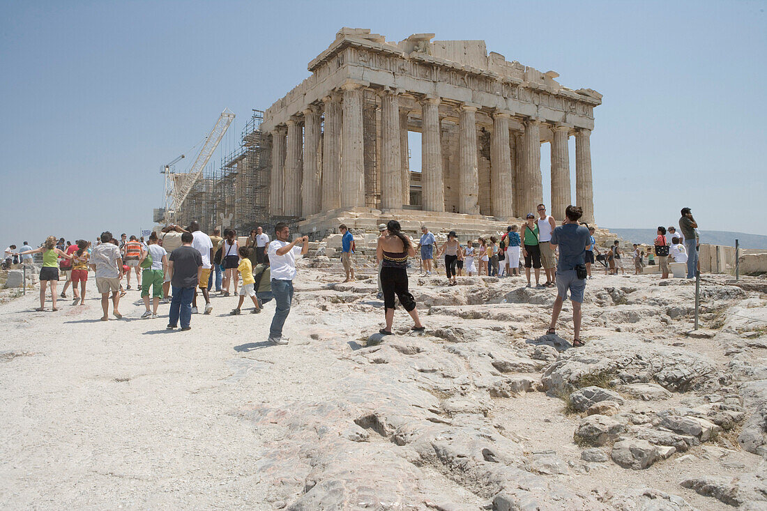 Tourists in front of the Parthenon, Acropolis Athens, Greece