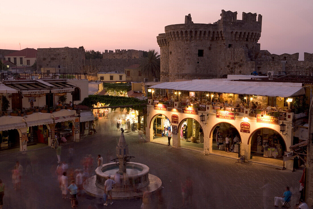 Main Square at Dusk, Plateia Ippokratu, Old Town Rhodes, Greece