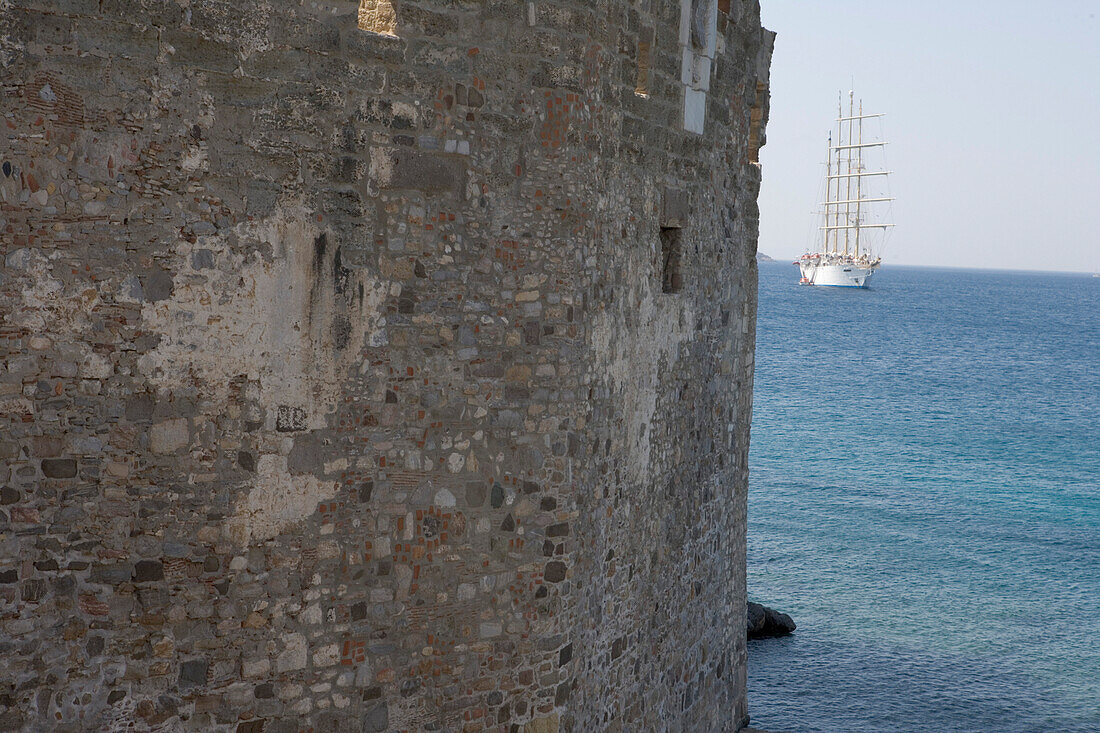 Castle Wall, Star Flyer in the background, St. Peter's Castle, Bodrum, Turkish Aegean, Turkey