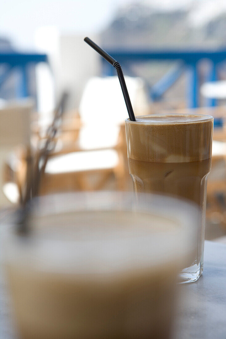 Cold Frappe Coffee, Street cafe, Fira, Santorini, Cyclades, Greece