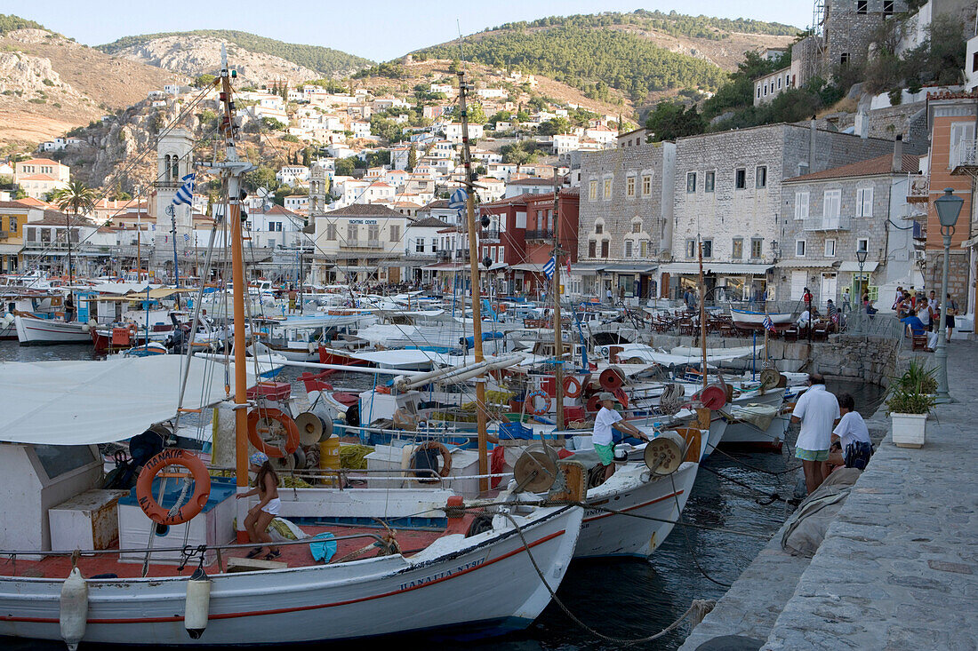 Fishing boats in harbour, Hydra, Idhra, Saronic Islands, Greece