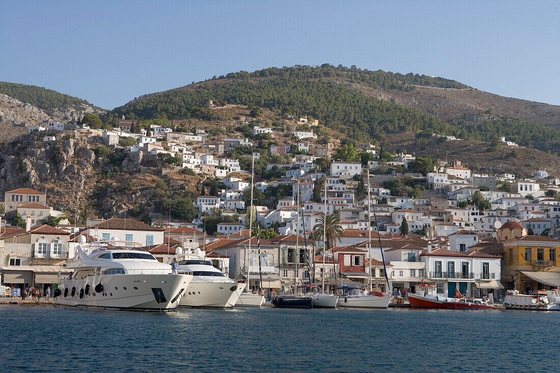 Harbour, view from the sea, Hydra, Idhra, Saronic Islands, Greece