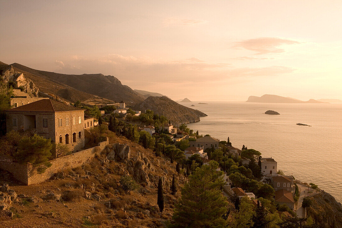 Houses & Coastline at Sunset, Hydra, Greece