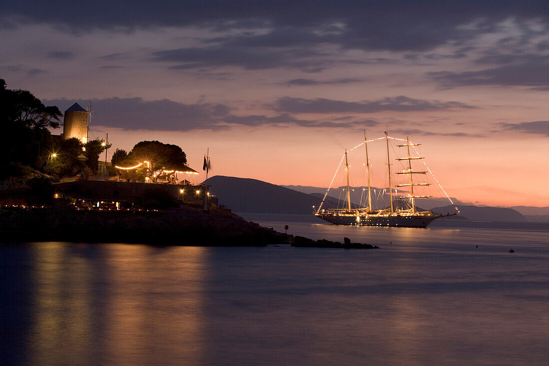 Star Flyer at night, Hydra, Idhra, Saronic Islands, Greece