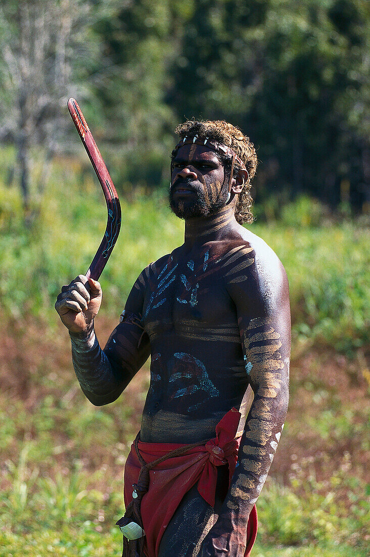Wally Brim, aborigine with Boomerang, Tjapukai Dance Theatre, near Cairns Queensland, Australia