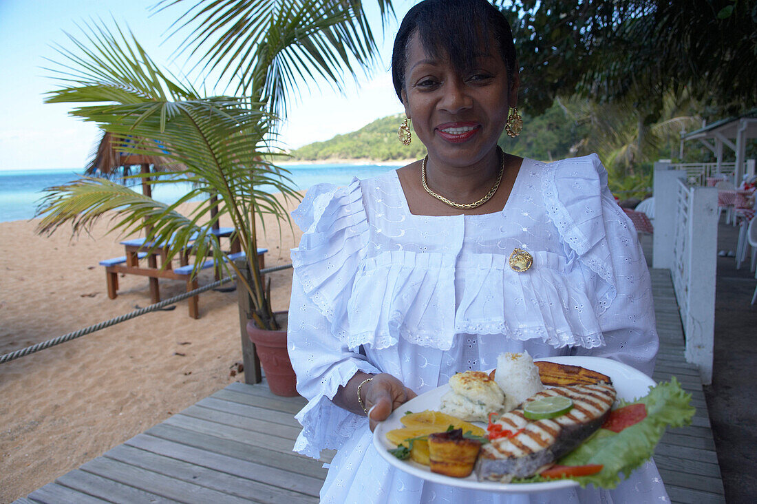Woman, Beach Resataurant, Grilled, Fish, Plate, Grilled Dorade, Le Karacoli Restaurant, Grande-Anse, Deshaies, Basse-Terre, Guadeloupe, Caribbean Sea, America