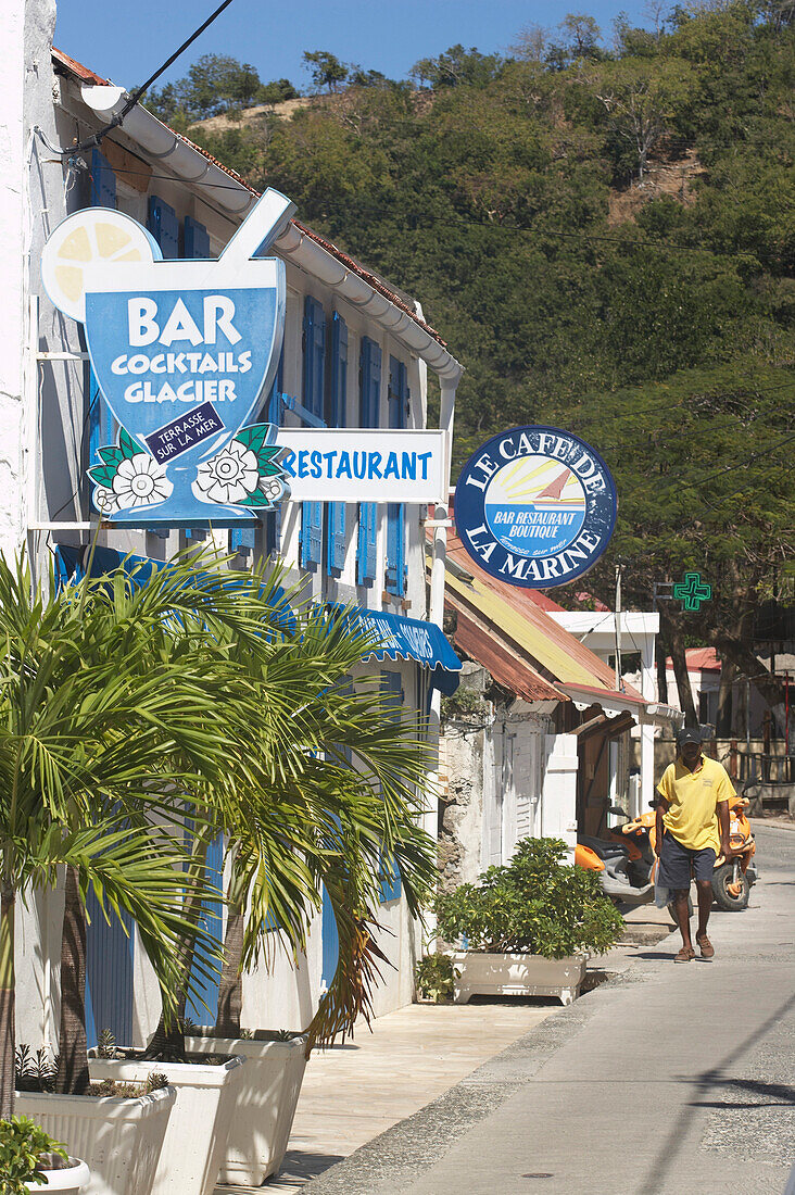 Signs, Facades, Houses, Signs of bars and restaurants in Terre-de-Haute, Les Saintes Islands, Guadeloupe, Caribbean Sea, America