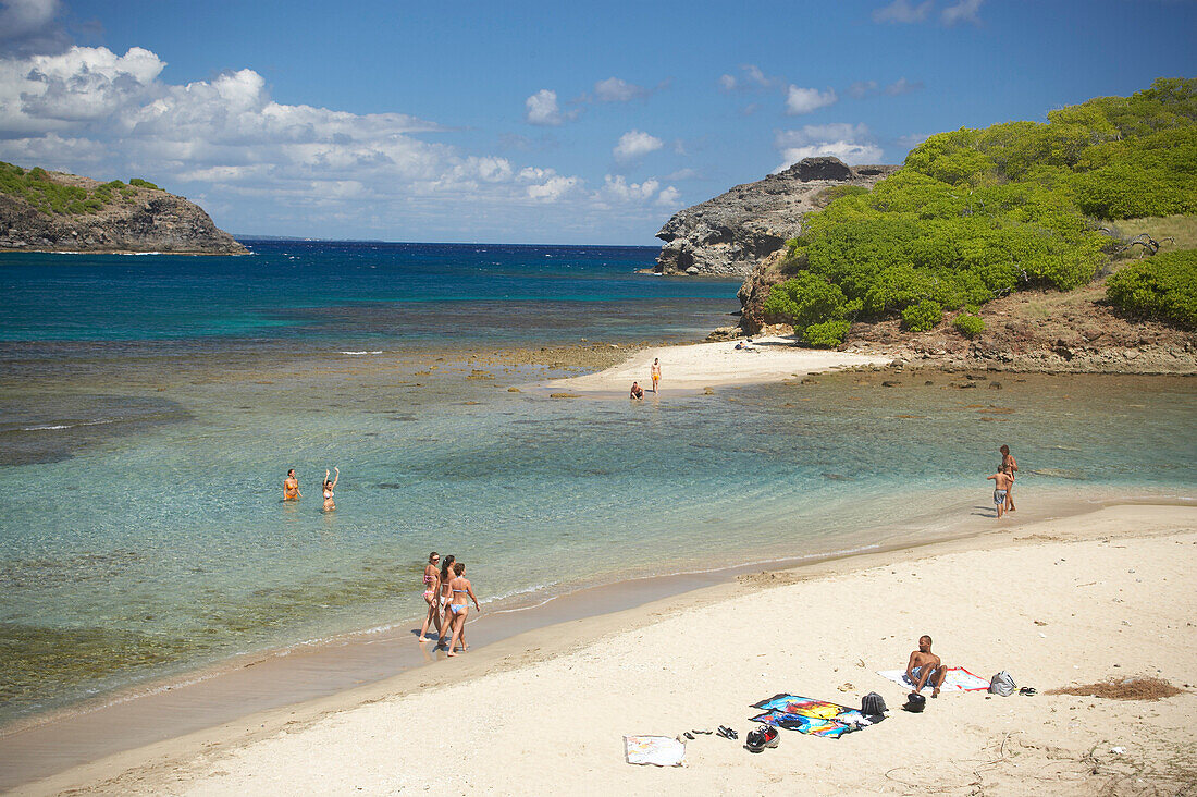 View of the beach with tourists sunbathing, Plage de Pont Pierre, Les Saintes Islands, Guadeloupe, Caribbean Sea, America