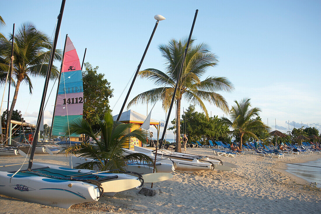 Sailing boats, Beach, Evening Light, Beach, Hotel Creole Beach, Le Gosier, Basse-Terre, Guadeloupe, Caribbean Sea, America