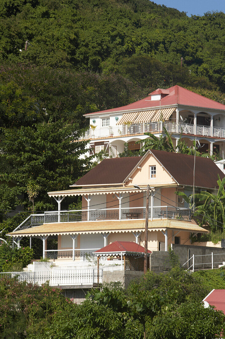 Houses, Slope, Balconies, House built into the mountainTerre-de-Haute, Les Saintes Islands, Guadeloupe, Caribbean Sea, America