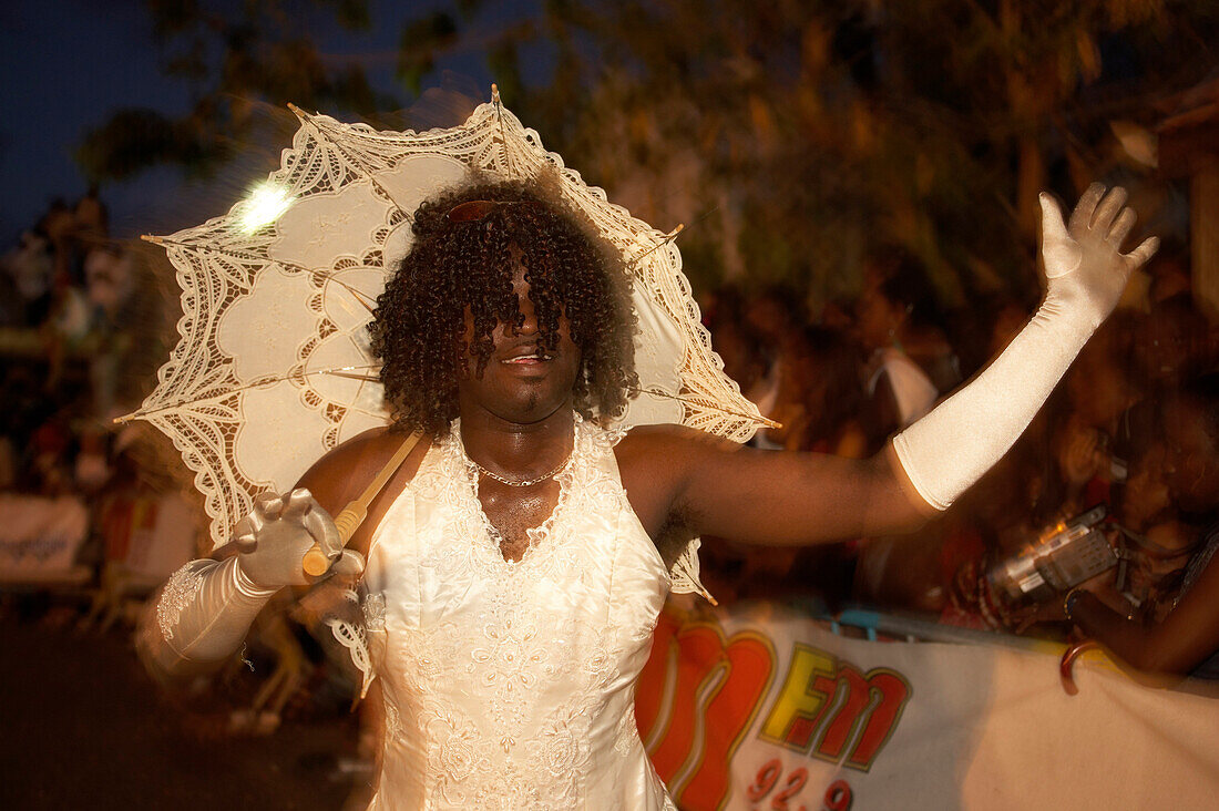 Transvestite, Umbrella, Beauty, Dancing, Transvestite with umbrella is dancing at the Carnival, Le Moule, Grande-Terre, Guadeloupe, Caribbean Sea, America