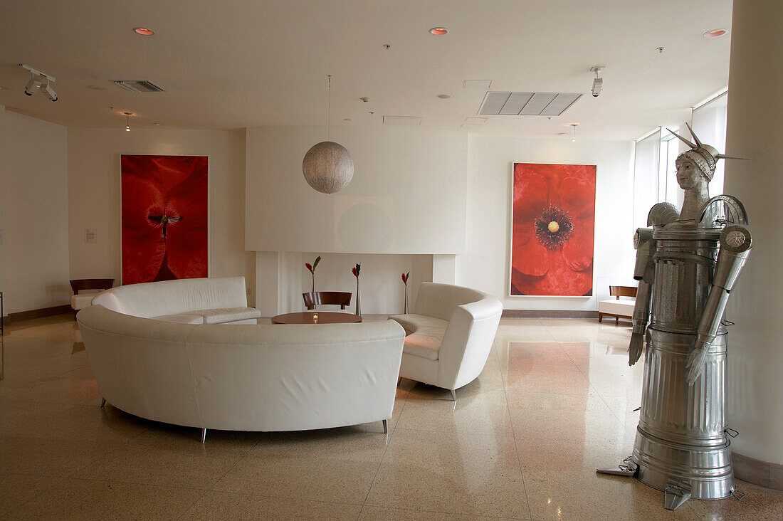 Entrance and waiting area of an Art Deco hotel, South Beach, Miami, Florida, USA