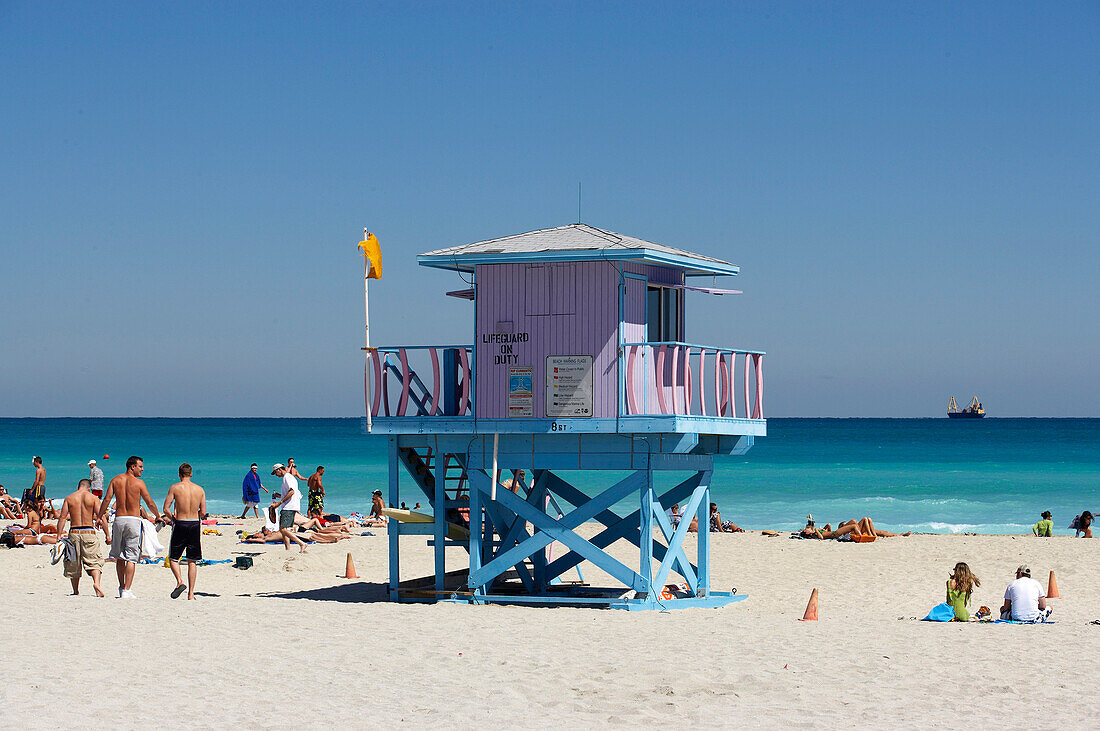 Sandy beach, the Art Deco style, lifeguard tower, South Beach, Miami, Florida, USA