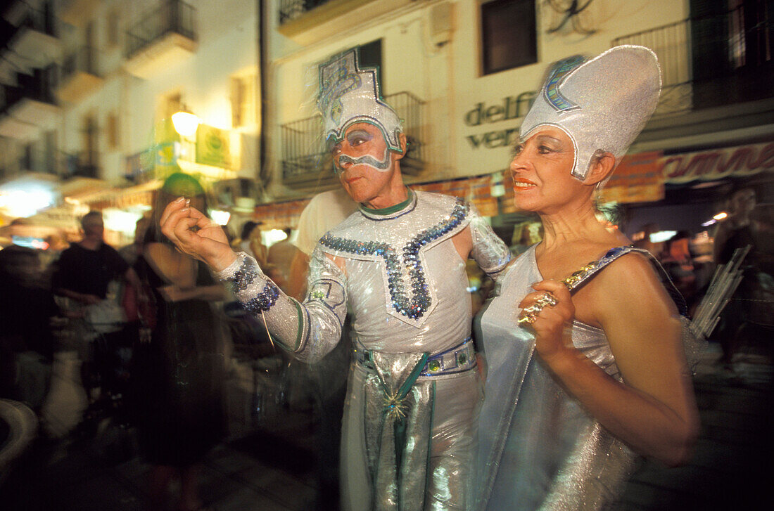 Partygoers in futuristic fancy dress, C Garijo, Ibiza Stadt, Sa Penya, Ibiza, Balearic Islands, Spain