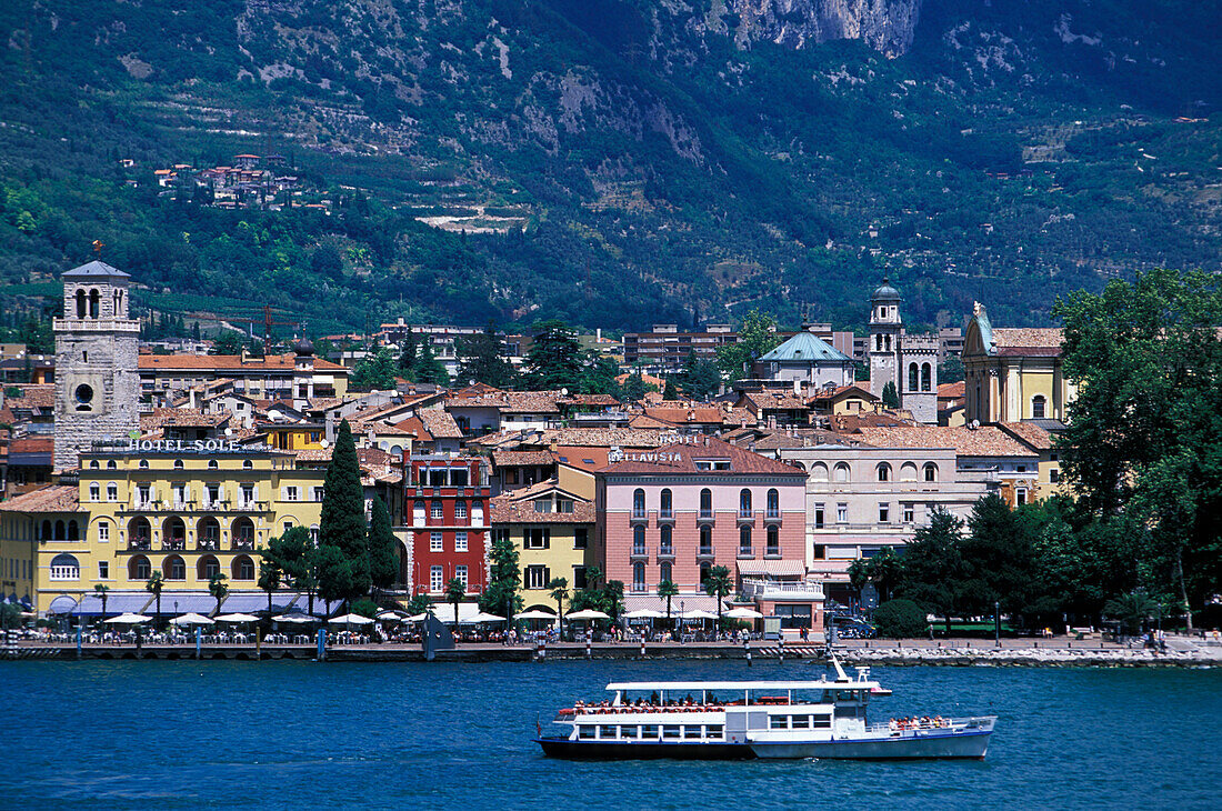 View on Trentino from lake, Excursion boat, Lake Garda, Trentino, Italy