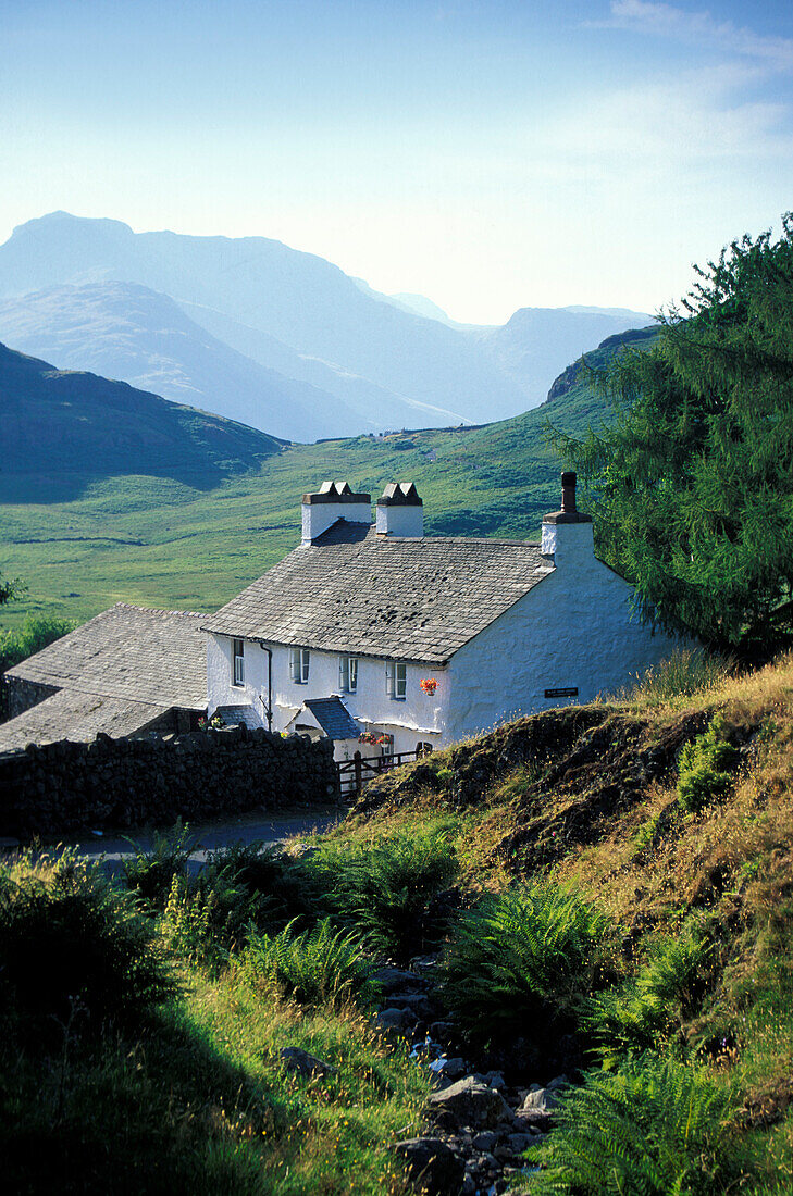 Einsames Häuschen in idyllischer Landschaft, Little Langdale, Lake District, Cumbria, England, Grossbritannien, Europa