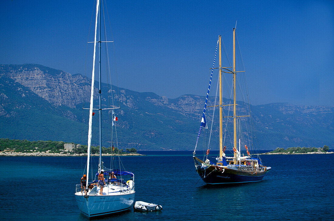Two yachts near the Cleopatra Beach, Marmaris, Turkey