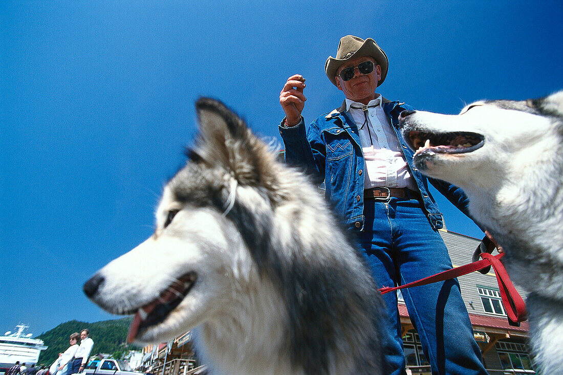 Ron and his Alaskan Malamute dogs, Ketchikan, Alaska, USA