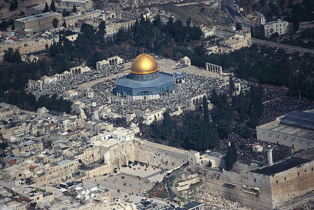 Friday prayer on Temple Mount with the Wailing wall and the Dome of the Rock, Aerial view, Jerusalem, Israel