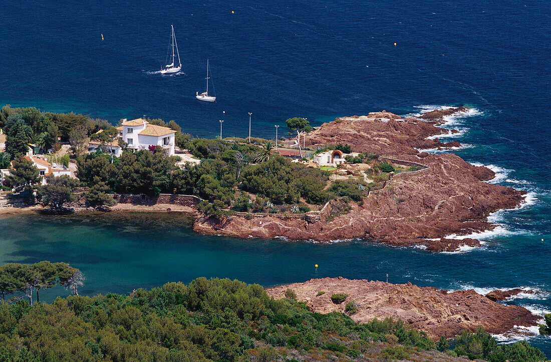 High angle view at beach in a bay, Plage de Camp Long, Cote d' Azur France, Europe