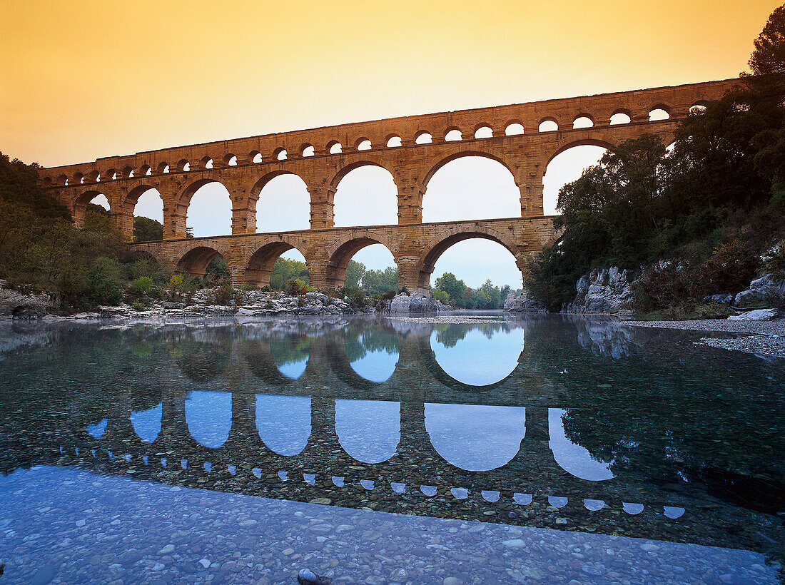 Roman aqueduct above Gardon River, Pont du Gard, near Avignon, Gard département, Provence, France