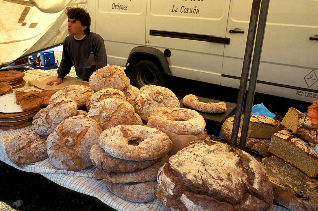 Stall selling bread at the market, San Andres de Te, La Coruna, Galicia, Spain