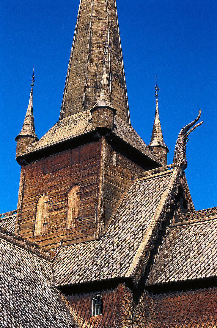 Wooden timber stave church, Detail, Lom, Norway