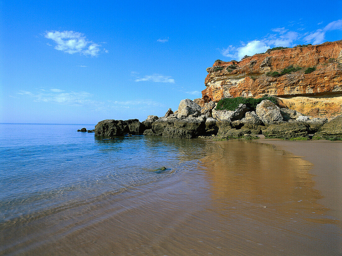 Deserted beach in the evening sun, Playa Cala del Aceite, Costa de la Luz, Provinz Cadiz, Andalusia, Spain, Europe